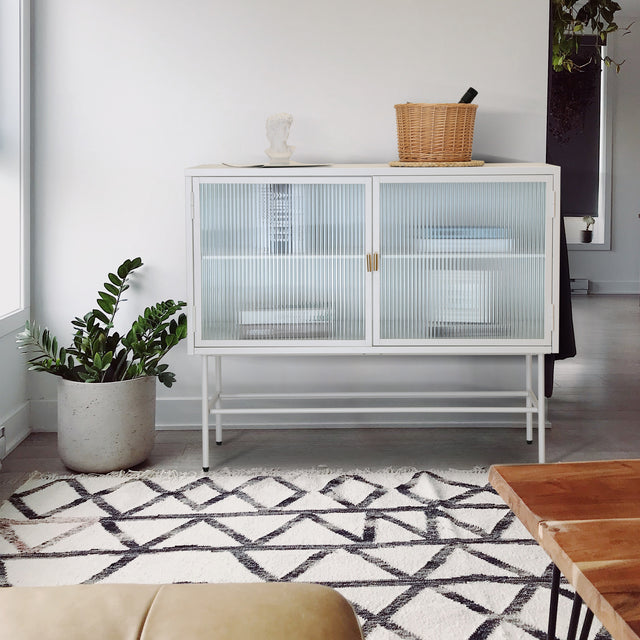 White Sideboard Storage Cabinet With Two Fluted Glass Doors Detachable Shelves Bottom Space for Living Room, Office, Dinging Room and Entryway