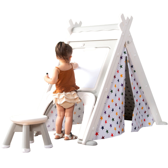 Kids Play Tent - 4 in 1 Teepee Tent with Stool and Climber, Foldable Playhouse Tent for Boys & Girls