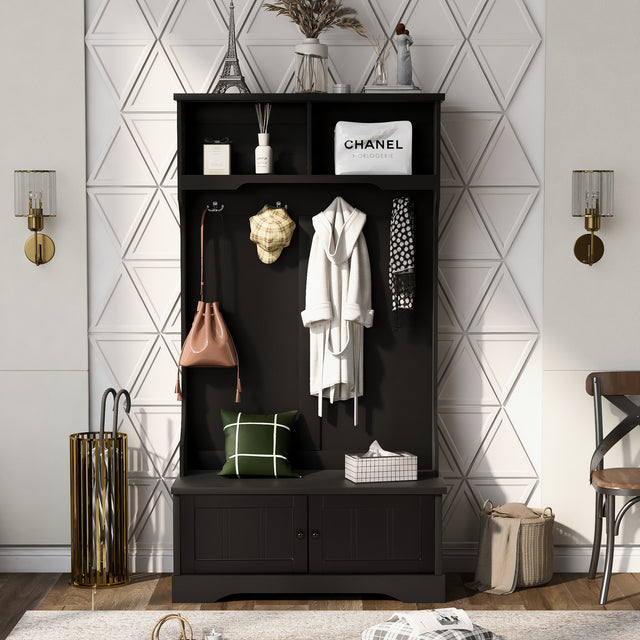 ON-TREND Hall Tree Entryway Bench with Shelves Cabinet and Four Hooks, 3-in-1 Design, Black