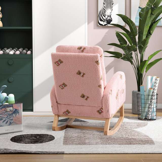 26.8"W Modern Rocking Chair for Nursery, Mid Century Accent Rocker Armchair With Side Pocket, Upholstered High Back Wooden Rocking Chair for Living Room Baby Kids Room Bedroom, Pink Boucle