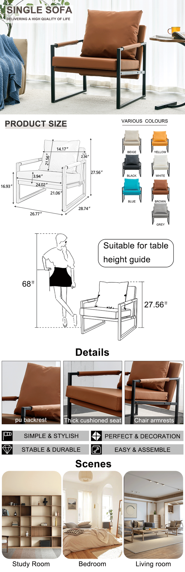 PU Leather Accent Arm Chair Mid Century Modern Upholstered Armchair with Metal Frame Extra-Thick Padded Backrest and Seat Cushion Sofa Chairs for Living Room ( Brown PU Leather + Metal Frame + Foam)