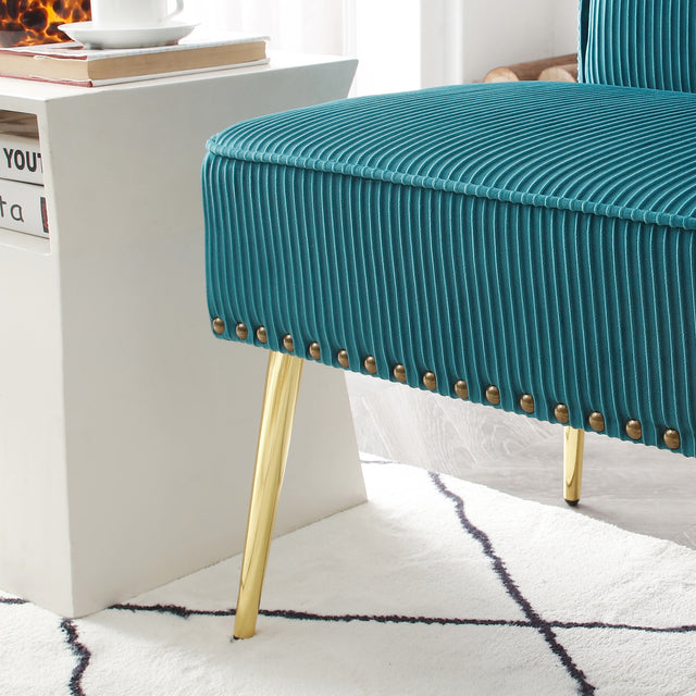 46.5" Width Modern Upholstered Pleated Velvet Loveseat Sofa Tufted Dining Bench Office Loveseat Couch Armless Mid-Century Settee Luxury 2 Seater Sofa with Golden Legs for Living Room Bedroom,Teal