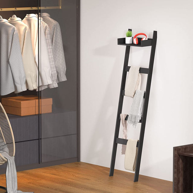 Blanket Ladder, 5-Layer Towel Racks, with Shelf Board, Blanket Holder with Anti-Slip Construction Home Decor, Decorative Blanket, Quilt, Towel, Scarf Ladder Shelves for, Bedroom, Bathroom, Black