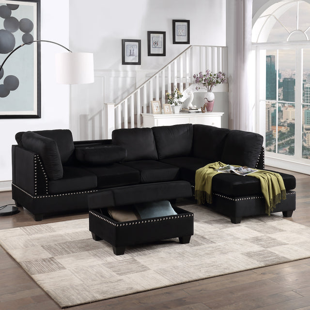104.5" Reversible Sectional Sofa Space Saving with Storage Ottoman Rivet Ornament L-shape Couch for Small or Large Space Dorm Apartment,Black(旧SG000406AAA)