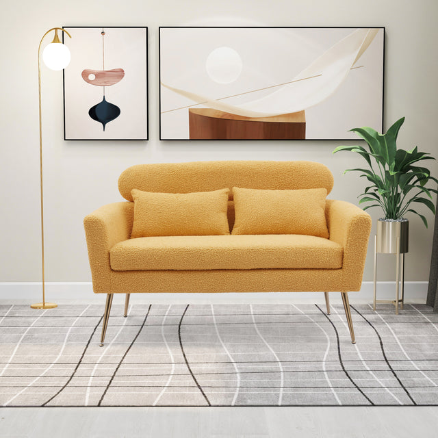 51"W Modern Boucle Loveseat Small Sofa Small Mini Room Couch Two-Seater Sofa With 2 Throw Pillows Gold Metal Legs for Small Space Office Studio Apartment Bedroom, Yellow Boucle