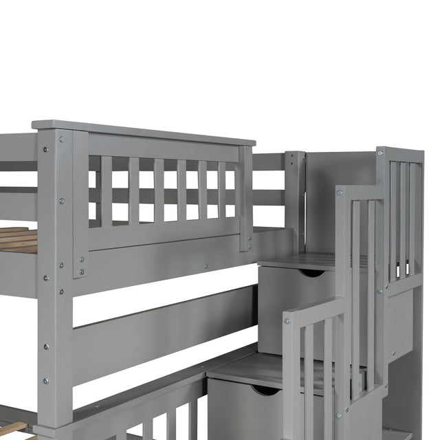 Full Over Full Bunk Bed with Shelves and 6 Storage Drawers, Gray(Old SKU：LP000046AAE)