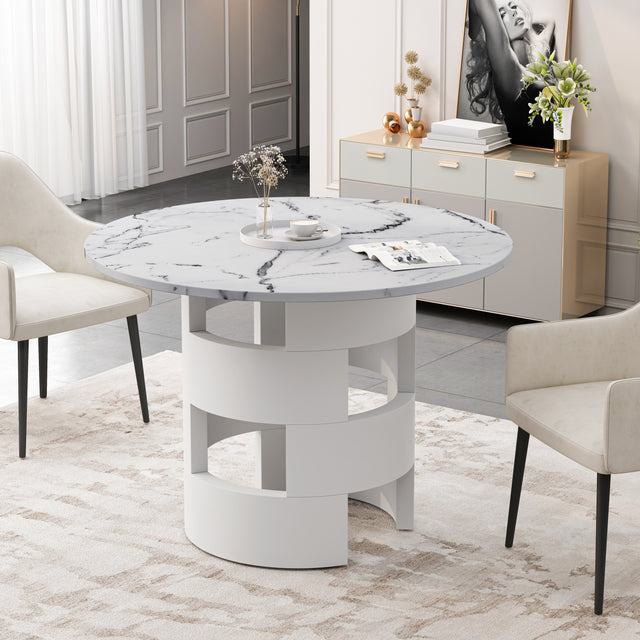 42.12"Modern Round Dining Table with Printed White Marble Table Top for Dining Room, Kitchen, Living Room