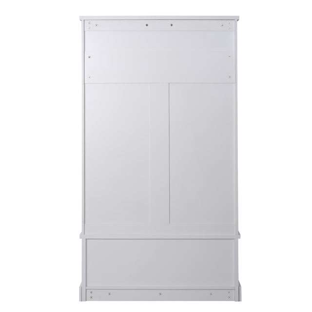ON-TREND Hall Tree Entryway Bench with Shelves Cabinet and Four Hooks, 3-in-1 Design, White