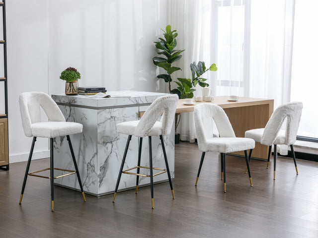 A&A Furniture,Akoya Collection Modern | Contemporary Rabbit Fur Fibre Upholstered Dining Chair with Nailheads and Gold Tipped Black Metal Legs, Cream White，Set of 2