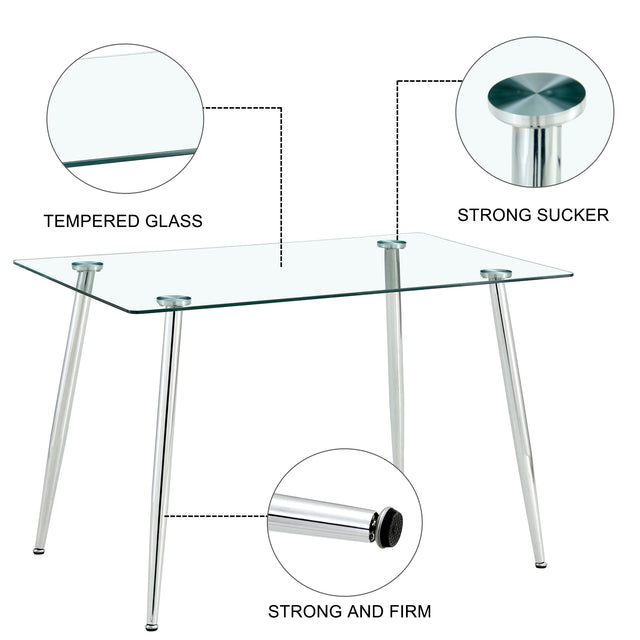 Glass dining table, dining chair set, 4 black dining chairs and 1 dining table Table size 47 "W x 29" D x 30 "H
