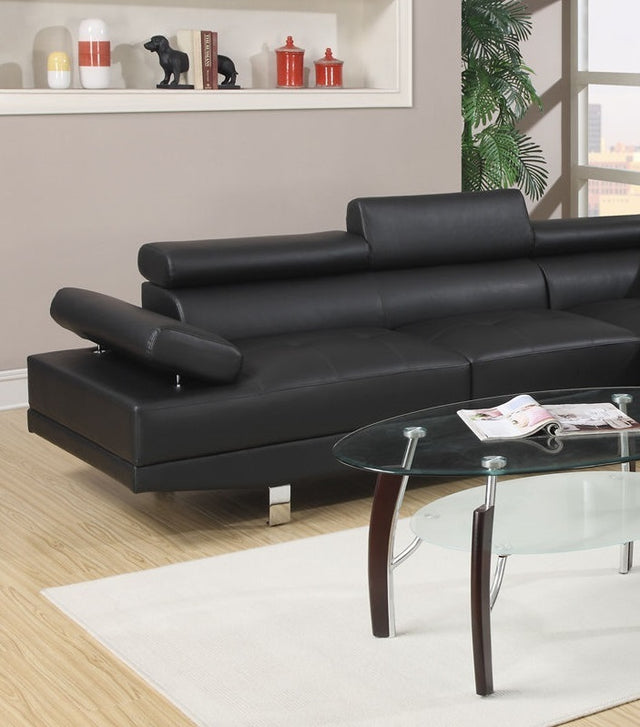 Black Color Sectional Living Room Furniture Faux Leather Adjustable Headrest Right Facing Chaise & Left Facing Sofa