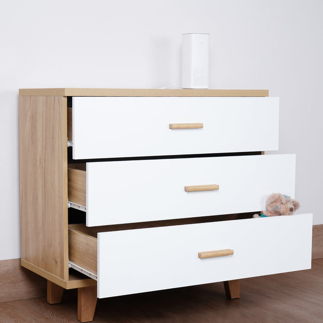 Three Drawer Storage Cabinet  Dresser Bedside Table Chest Simple Bedroom Furniture Solid Wood Feet and Handles Fashionable Bedside Cabinet