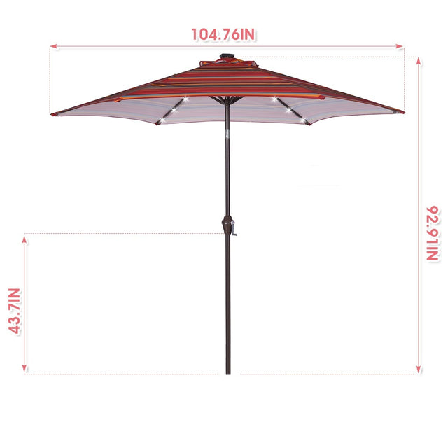 Outdoor Patio 8.7-Feet Market Table Umbrella with Push Button Tilt and Crank, Red Stripes With 24 LED Lights[Umbrella Base is not Included]