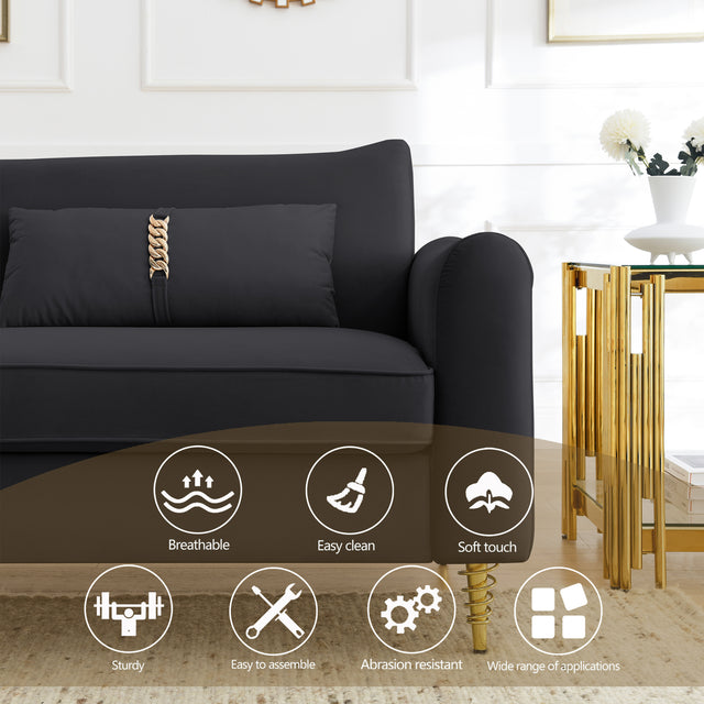 80.3" Modern Sofa Couch Upholstered Sofa Tufted Back Comfy Velvet Long Couch with 2 Pillows and Golden Legs for Living Room, Bedroom, Office, Apartment, Black