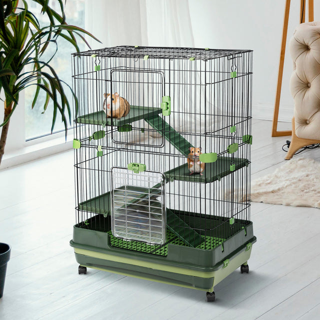 4-Tier 32"Small Animal Metal Cage Height Adjustable with Lockable Casters  Grilles Pull-out Tray for Rabbit Chinchilla Ferret Bunny Guinea Pig Squirrel Hedgehog(GREEN)(=OLD SKU:W69133216)