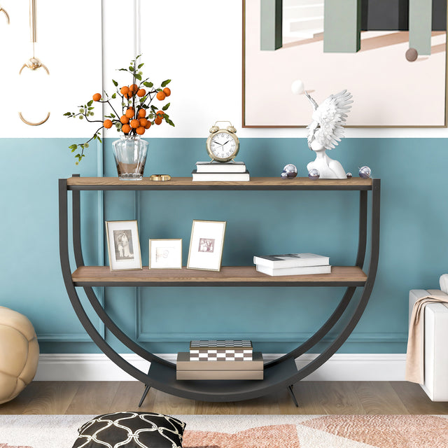 TREXM Rustic Industrial Design Demilune Shape Textured Metal Distressed Wood Console Table (Brown)