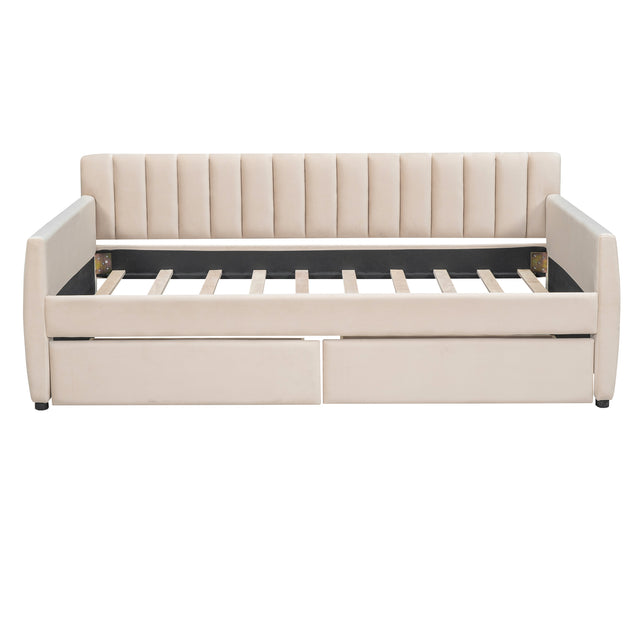Twin Size Upholstered daybed with Drawers, Wood Slat Support, Beige