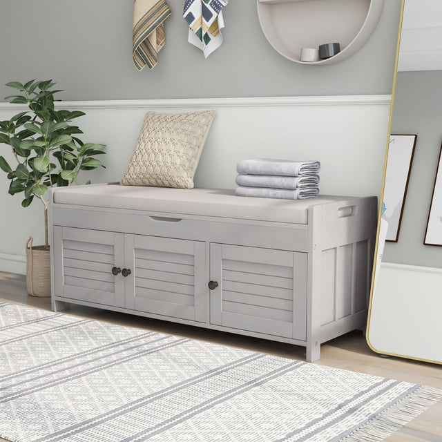 TREXM  Storage Bench with 3 Shutter-shaped Doors,  Shoe Bench with Removable Cushion and Hidden Storage Space (Gray Wash)