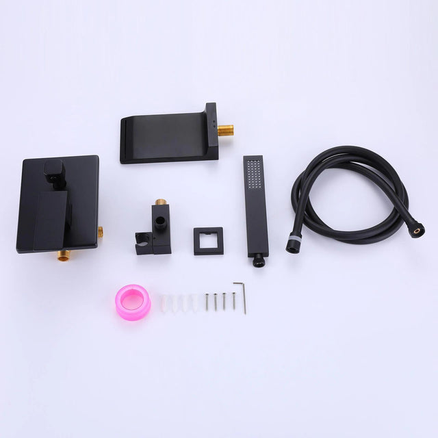 Bathtub Faucet Matte Black, Waterfall Wall Mount Tub Filler Faucet with Handheld Shower Brass, Waterfall Spout High Flow Wall Mount Tub Faucet