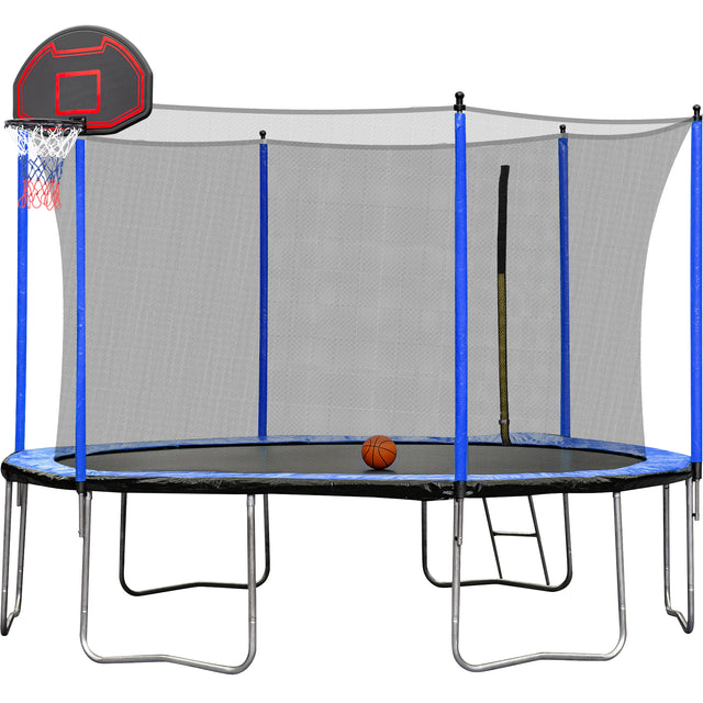 YC 14FT  Trampoline with Basketball Hoop Inflator and Ladder(Inner Safety Enclosure) Blue A+B