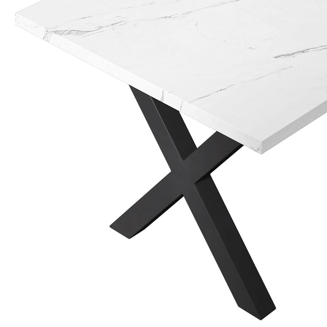 70.87"Modern Square Dining Table with Printed White Marble Table Top+Black X-Shape Table Leg