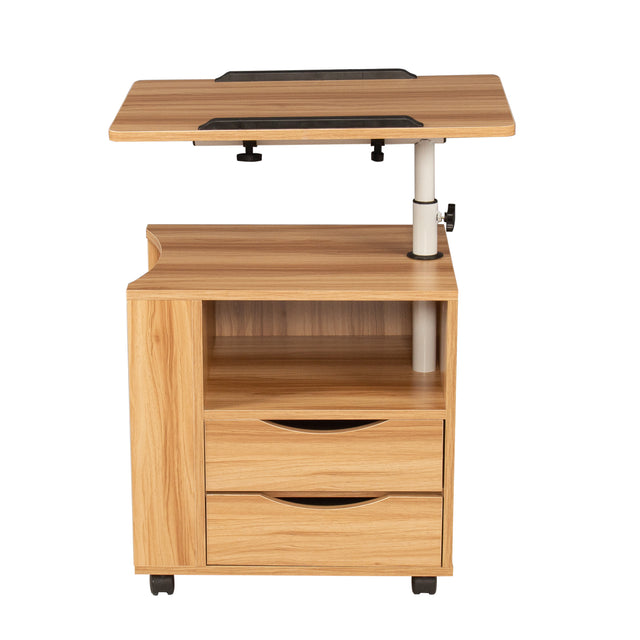 Height Adjustable Overbed End Table Wooden Nightstand with Swivel Top, Storage Drawers, Wheels and Open Shelf,  (White Maple)