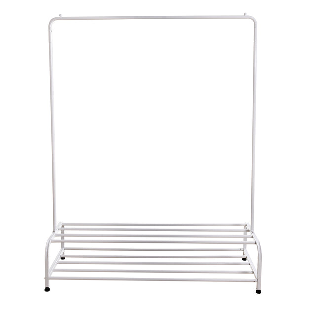 Clothing Garment Rack with Shelves, Metal Cloth Hanger Rack Stand Clothes Drying Rack for Hanging Clothes,with Top Rod Organizer Shirt Towel Rack and Lower Storage Shelf for Boxes Shoes Boots, White
