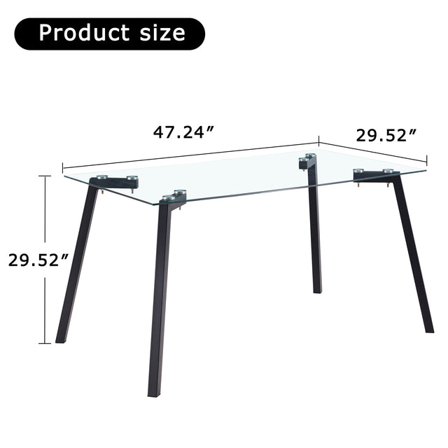 Glass Dining Table and Brown Dining Chair 4-Piece Set  Rectangular 0.31" Tempered Glass Tabletop and Black Coating Metal Dining Table size 47" W x 31"D x 30" H