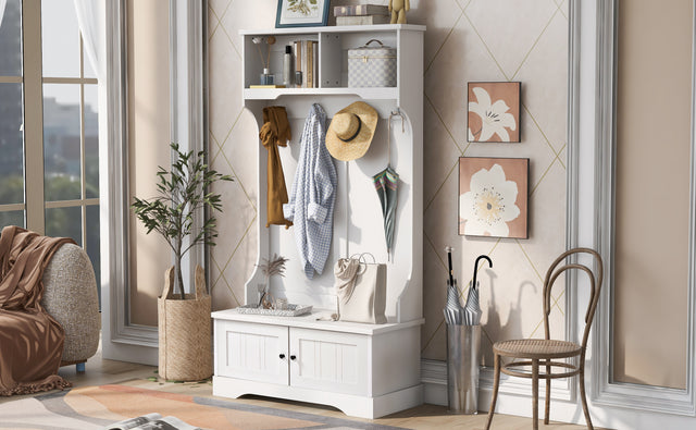 ON-TREND Hall Tree Entryway Bench with Shelves Cabinet and Four Hooks, 3-in-1 Design, White