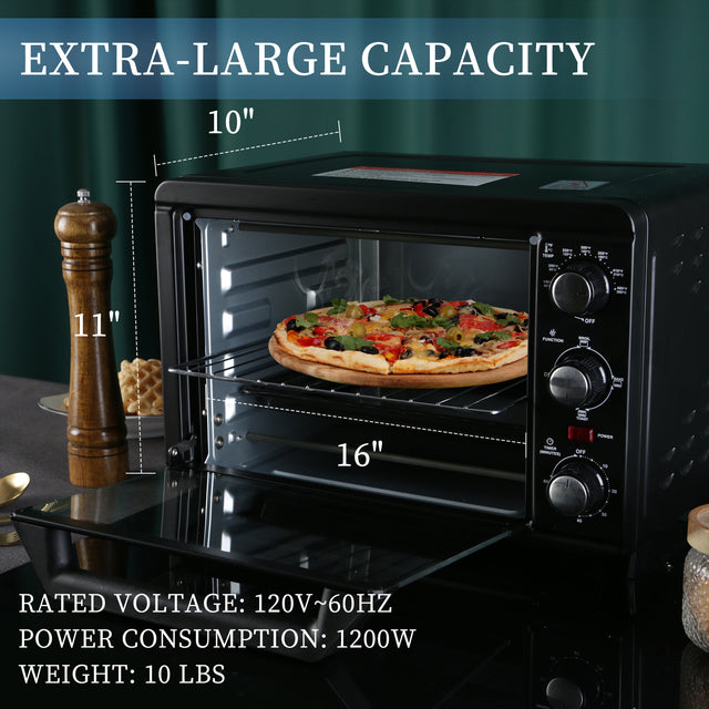 Simple Deluxe Toaster Oven with 20Litres Capacity,Compact Size Countertop Toaster, Easy to Control with Timer-Bake-Broil-Toast Setting, 1200W, Stainless Steel,16x11in,Black,Extra Large