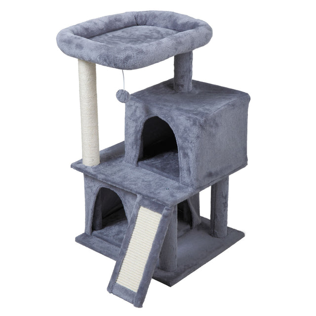 Double-layer cat Tree with cat house and ladder - light gray