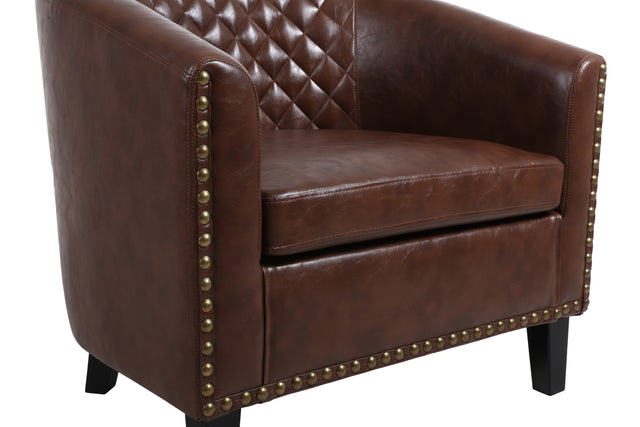 COOLMORE accent Barrel chair living room chair with nailheads and solid wood legs  Brown pu leather