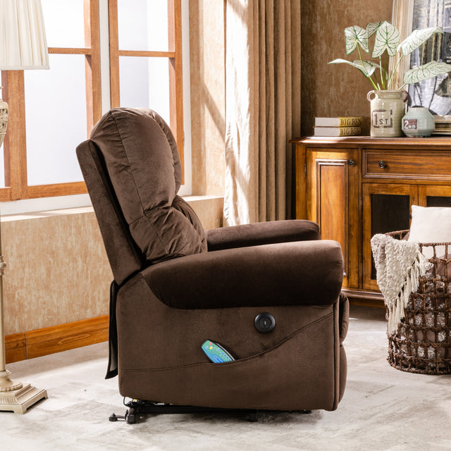 Electric lift recliner with heat therapy and massage, suitable for the elderly, heavy recliner, with modern padded arms and back, chocolate color