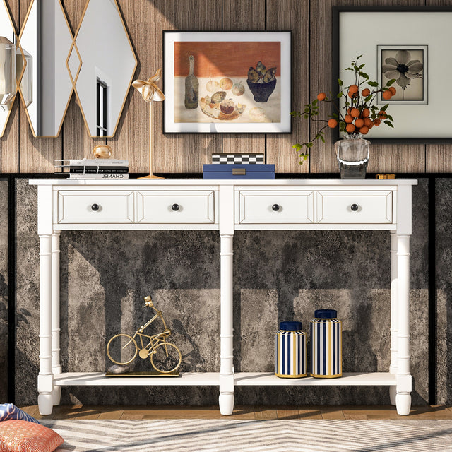 TREXM Console Table Sofa Table Easy Assembly with Two Storage Drawers and Bottom Shelf for Living Room, Entryway (Ivory White)
