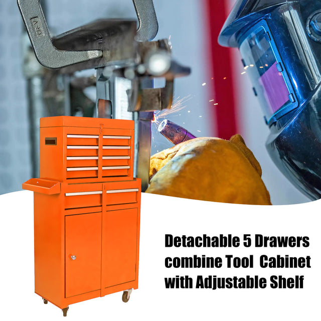 Detachable 5 Drawer Tool Chest with Bottom Cabinet and one Adjustable Shelf--Orange