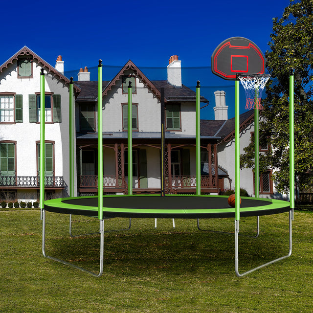 10FT  Trampoline with Basketball Hoop Inflator and Ladder(Inner Safety Enclosure) Green