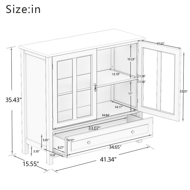 Buffet storage cabinet with double glass doors and unique bell handle