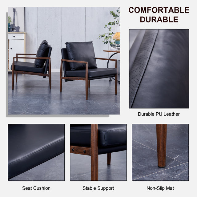 Sofa Chair Set of 2.Black PU Leather Accent Arm Chair Mid Century Modern Upholstered Armchair with Imitation solid wood color Metal Frame Padded Backrest and Seat Cushion Sofa Chairs for Living Room