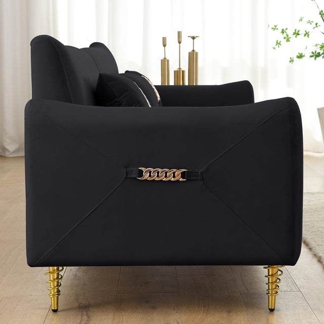 80.3" Modern Sofa Couch Upholstered Sofa Tufted Back Comfy Velvet Long Couch with 2 Pillows and Golden Legs for Living Room, Bedroom, Office, Apartment, Black