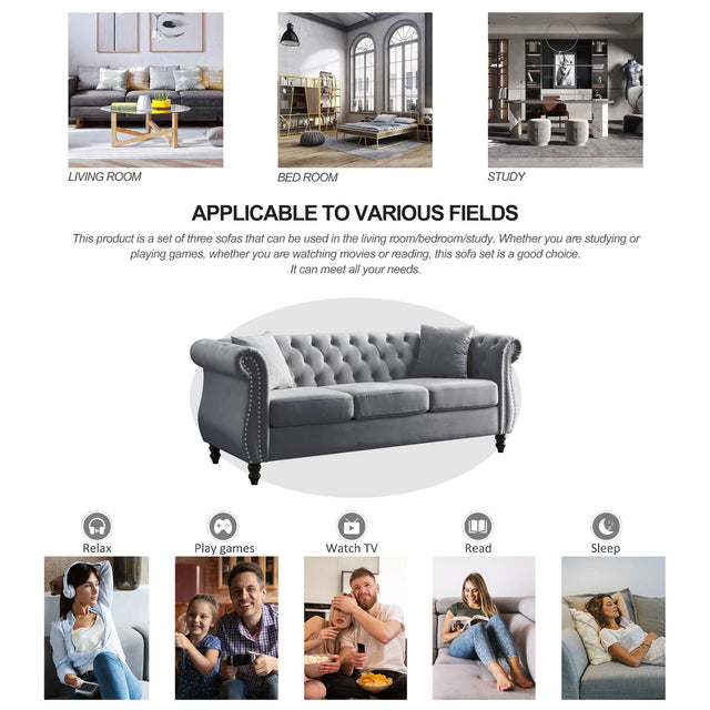 [Video] 80" Chesterfield Sofa Grey Velvet for Living Room, 3 Seater Sofa Tufted Couch with Rolled Arms and Nailhead for Living Room, Bedroom, Office, Apartment, two pillows