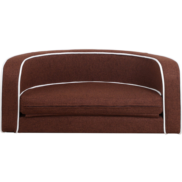 30" Brown Round Pet Sofa, Dog sofa, Dog bed, Cat Bed, Cat Sofa, with Wooden Structure and Linen Goods White Roller Lines on the Edges Curved Appearance pet Sofa with Cushion