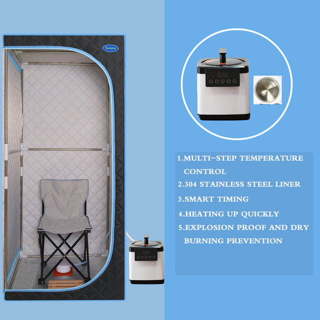 Portable Plus Type Full Size Steam Sauna tent. Spa, Detox ,Therapy and Relaxation at home.Larger Space,Stainless Steel Pipes Connector Easy to Install, with FCC Certification--Black(Blue binding)