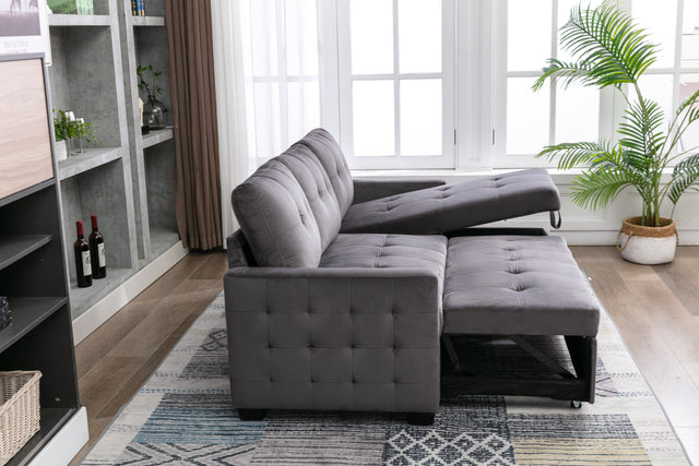 77 Inch Reversible Sectional Storage Sleeper Sofa Bed , L-Shape 2 Seat Sectional Chaise With Storage , Skin-Feeling Velvet Fabric ,Dark Grey Color For Living Room Furniture