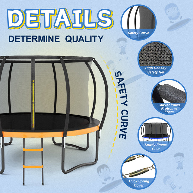 14FT Outdoor Big Trampoline With Inner Safety Enclosure Net, Ladder, PVC Spring Cover Padding, For Kids, Black&Orange Color
