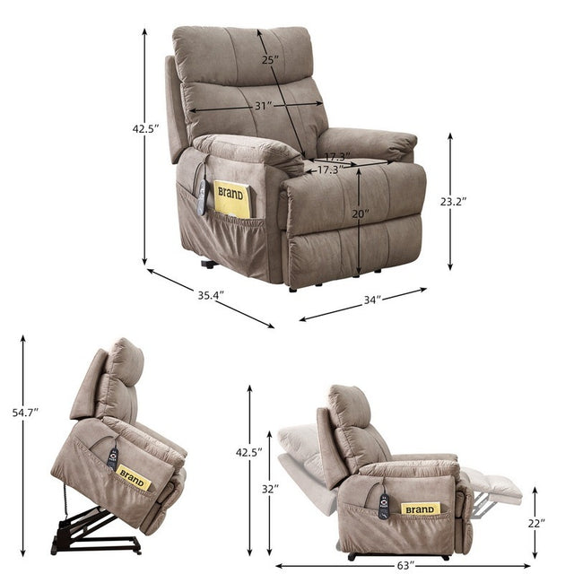 Large size Electric Power Lift Recliner Chair Sofa for Elderly, 8 point vibration Massage and lumber heat, Remote Control, Side Pockets, cozy fabric, overstuffed arm, heavy duty 230LB