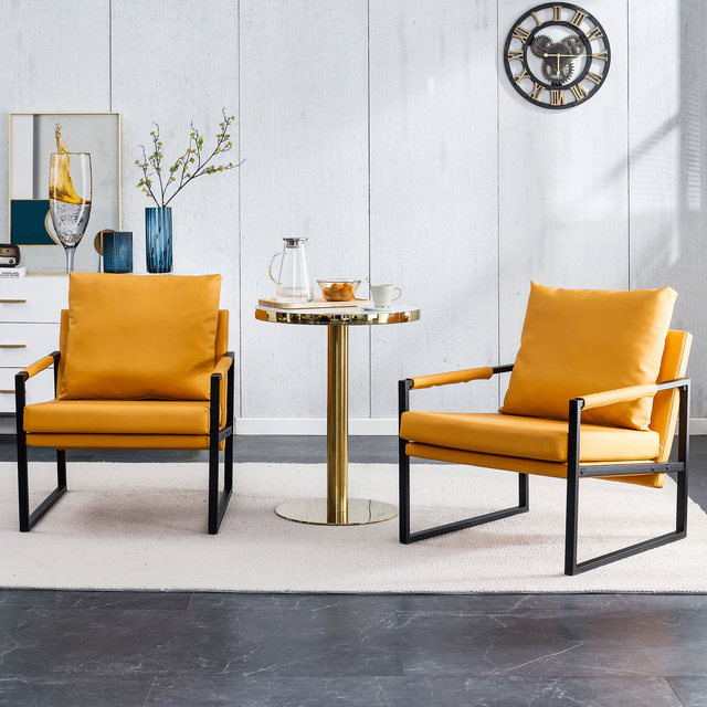 PU Leather Accent Arm Chair Mid Century Modern Upholstered Armchair with Metal Frame Extra-Thick Padded Backrest and Seat Cushion Sofa Chairs for Living Room ( orange PU Leather + Metal Frame + Foam)