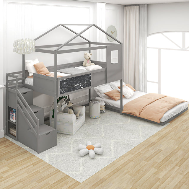 Twin over Full House Bunk Bed with Storage Staircase and Blackboard,Grey