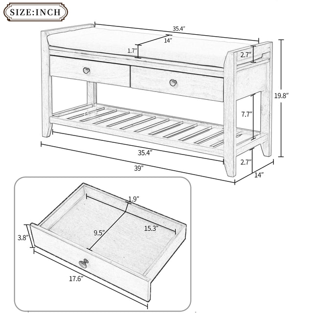 TREXM  Shoe Rack with Cushioned Seat and Drawers, Multipurpose Entryway Storage Bench (White)