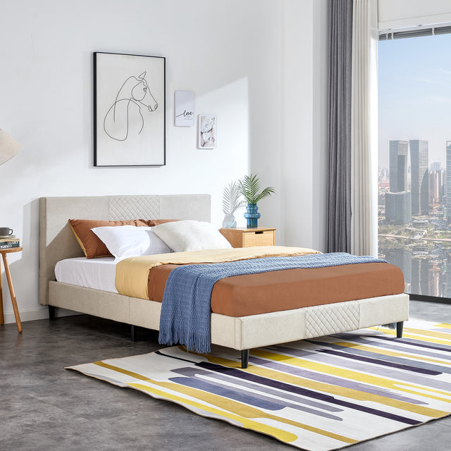 Full Size Platform Bed Frame with Fabric Upholstered Headboard and Wooden Slats Support, Fully Upholstered Mattress Foundation/No Box Spring Needed/Easy Assembly, Beige