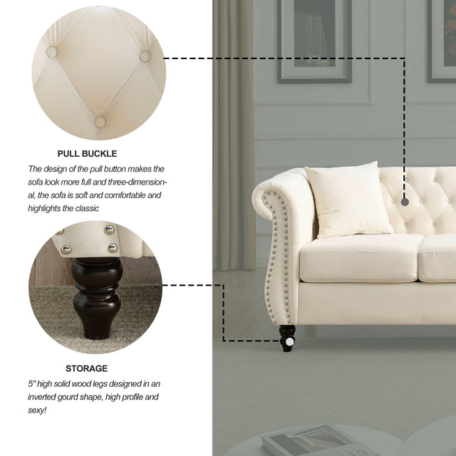 [Video] 80" Chesterfield Sofa Beige Velvet for Living Room, 3 Seater Sofa Tufted Couch with Rolled Arms and Nailhead for Living Room, Bedroom, Office, Apartment, two pillows